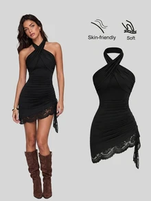 Sweetra Women's Criss-Cross Neckline Asymmetrical Hem Lace Trim Short Dress - Black - View 4