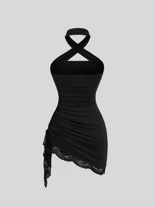 Sweetra Women's Criss-Cross Neckline Asymmetrical Hem Lace Trim Short Dress - Black - View 2