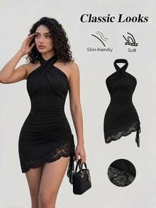 Sweetra Women's Criss-Cross Neckline Asymmetrical Hem Lace Trim Short Dress - Black - View 1