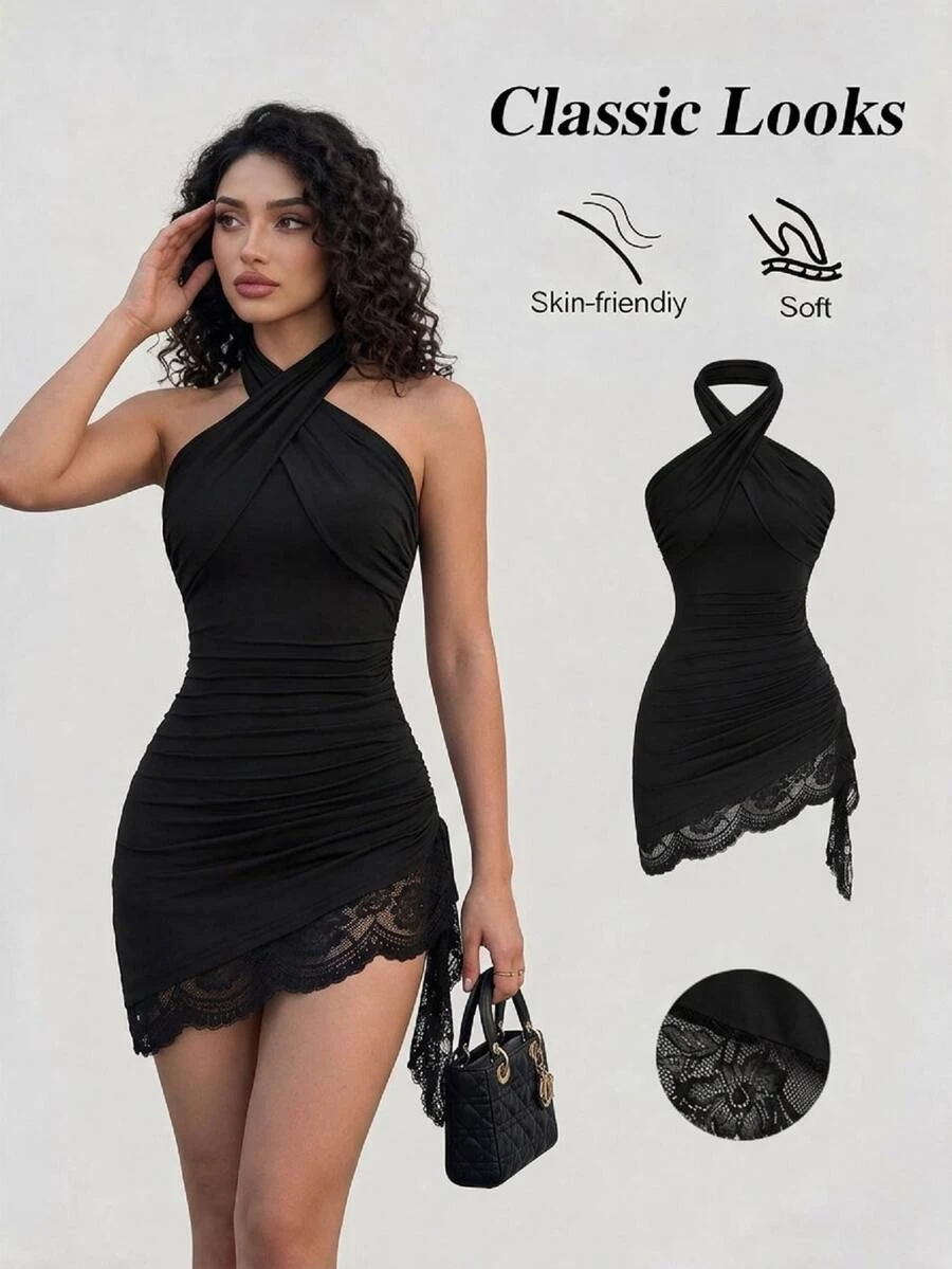 Sweetra Women's Criss-Cross Neckline Asymmetrical Hem Lace Trim Short Dress - Black - View 1