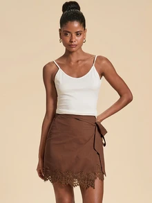 Travachic Women's Lace Hem Tie Decor Fitted Casual Skirt - Brown - View 4