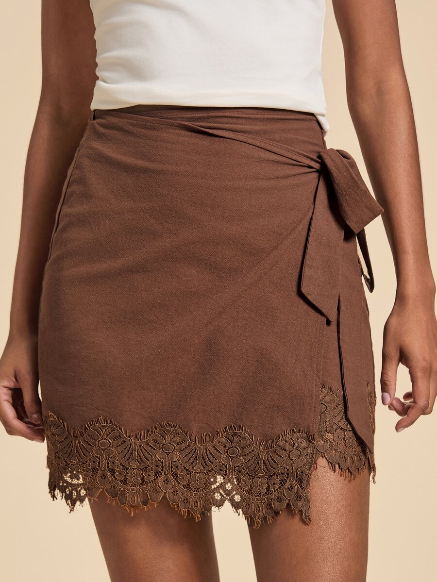 Travachic Women's Lace Hem Tie Decor Fitted Casual Skirt - Brown - View 1
