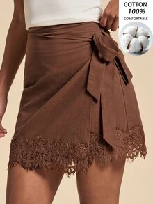 Travachic Women's Lace Hem Tie Decor Fitted Casual Skirt - Brown - View 2