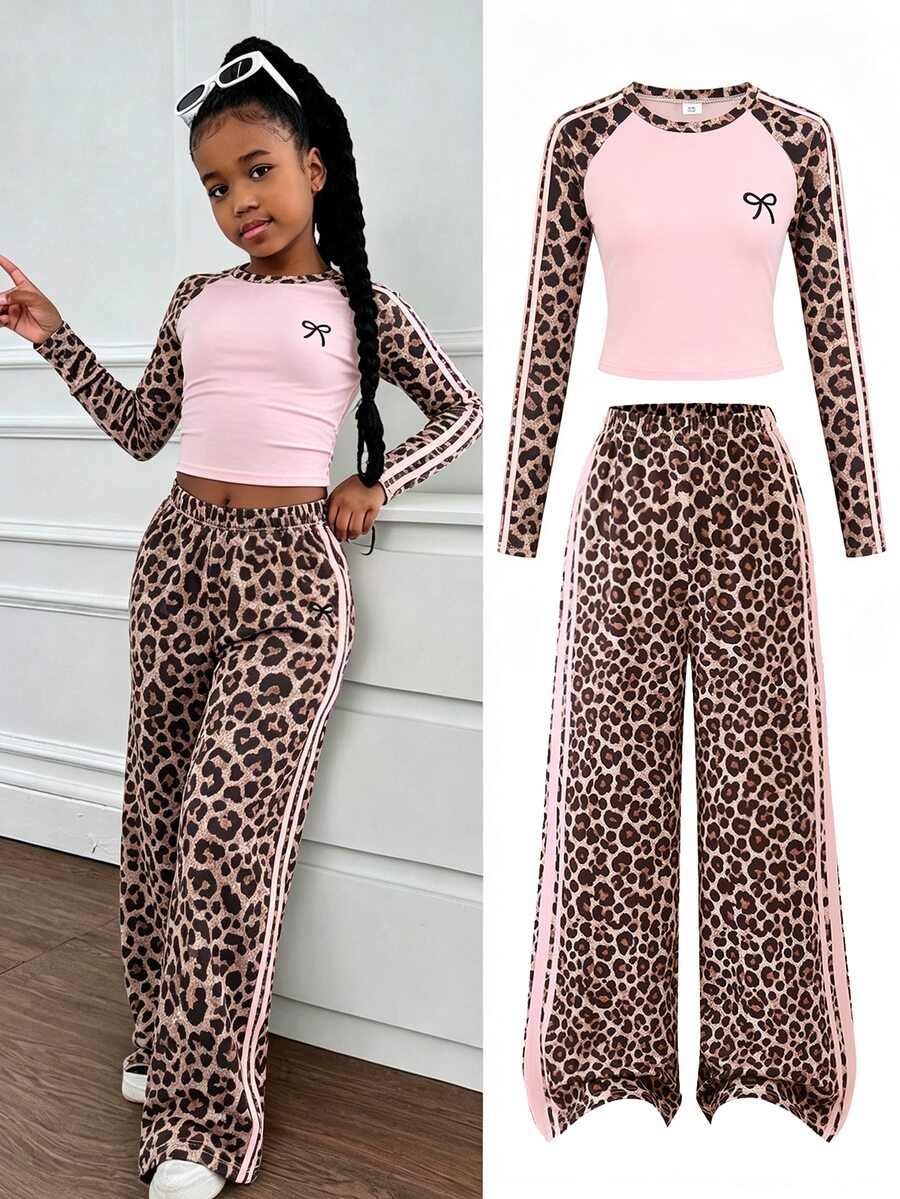 Girls Leopard Print Colorblock Set, Pink Knitted Top With Leopard Print Bowknot + Leopard Striped Long Pants, Autumn/Winter Casual Wear - Pink - View 1