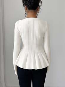 Elenzga Women's Elegant Fitted Round Neck A-Line Long Sleeve Solid Color Sweater, Autumn - White - View 2