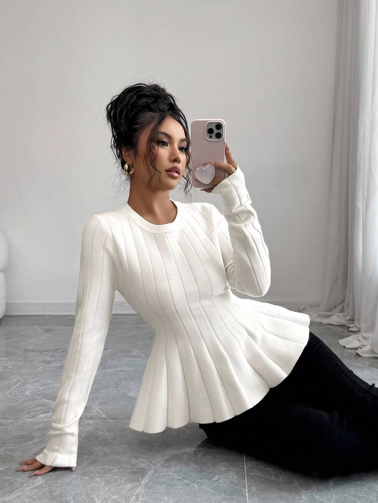 Elenzga Women's Elegant Fitted Round Neck A-Line Long Sleeve Solid Color Sweater, Autumn - White - View 4
