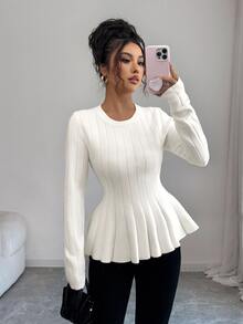 Elenzga Women's Elegant Fitted Round Neck A-Line Long Sleeve Solid Color Sweater, Autumn - White - View 3