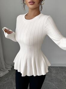 Elenzga Women's Elegant Fitted Round Neck A-Line Long Sleeve Solid Color Sweater, Autumn - White - View 5