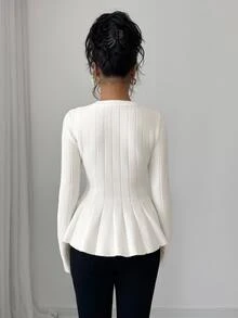 Elenzga Women's Elegant Fitted Round Neck A-Line Long Sleeve Solid Color Sweater, Autumn - White - View 6