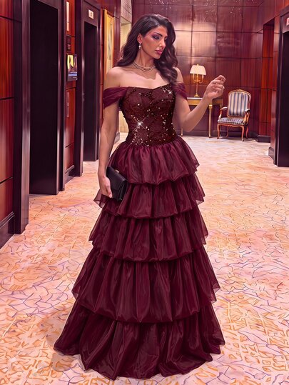 Aureia Elegant Glamorous Deep Red Sequin Lace Patchwork Organza Cold Shoulder Cold Shoulder Sleeve A-Line Multi-Layered Tiered Cake Skirt Suitable For Formal Evening Party Ceremony Heavy Embellishment Evening Gown