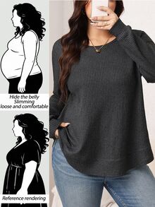 SHEIN LUNE Plus Size Women Solid Color Round Neck Long Sleeve Loose Casual Kawaii T-Shirt Formal Home Wear Grey Autumn Fall Brunch Homewear - Dark Grey - View 1