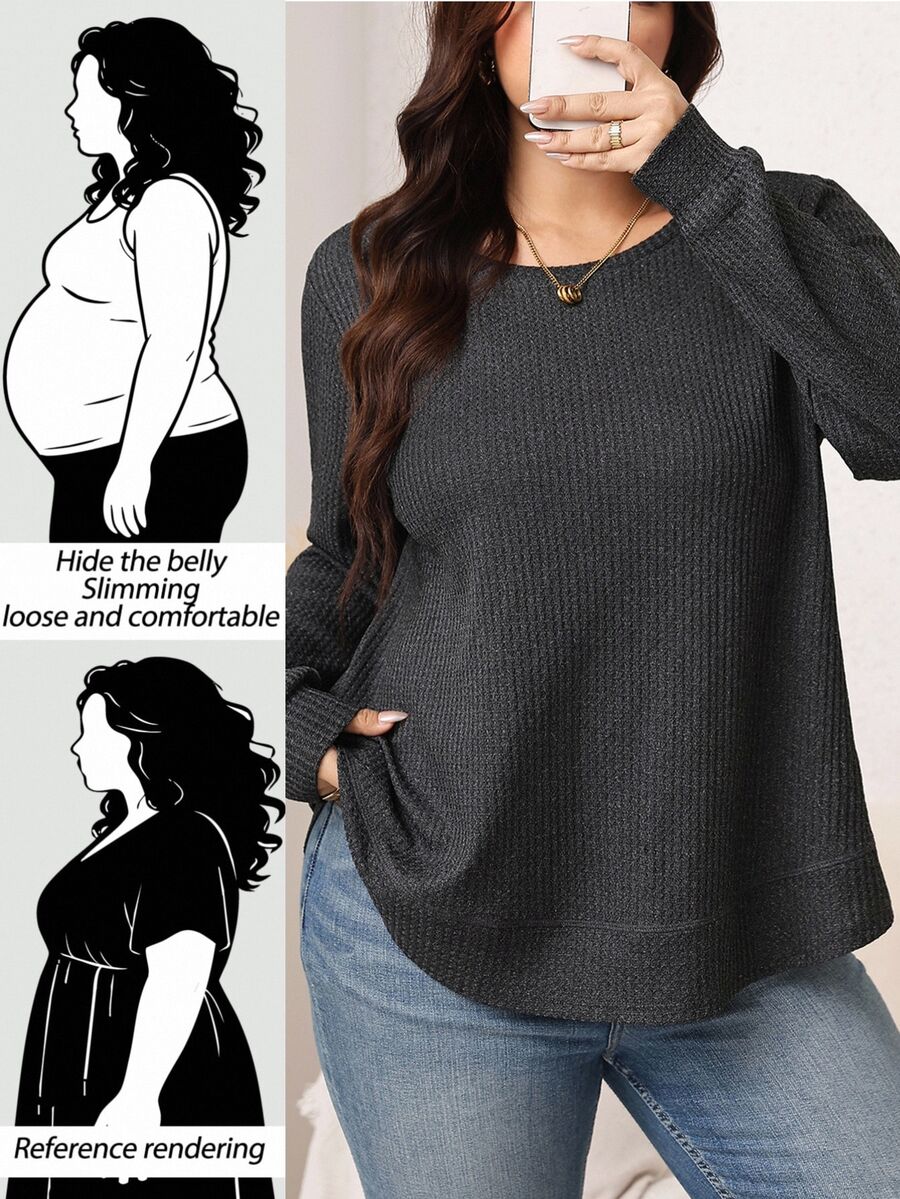 SHEIN LUNE Plus Size Women Solid Color Round Neck Long Sleeve Loose Casual Kawaii T-Shirt Formal Home Wear Grey Autumn Fall Brunch Homewear - Dark Grey - View 1