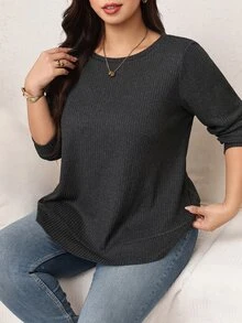 SHEIN LUNE Plus Size Women Solid Color Round Neck Long Sleeve Loose Casual Kawaii T-Shirt Formal Home Wear Grey Autumn Fall Brunch Homewear - Dark Grey - View 6