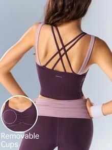 VARSIVA Women's Cross-Back Backless Tank Top In Dark Purple And Pink With Built-In Bra Pads, Perfect For Casual Sporty Workouts, Including Yoga And Pilates. - Purple - View 2
