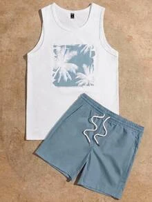 Ocevento Men Tropical Print Tank Top & Drawstring Waist Shorts, Cozy Outfits, Couple Things, Vacation, Father's Day Gifts, Football - Dusty Blue - View 1