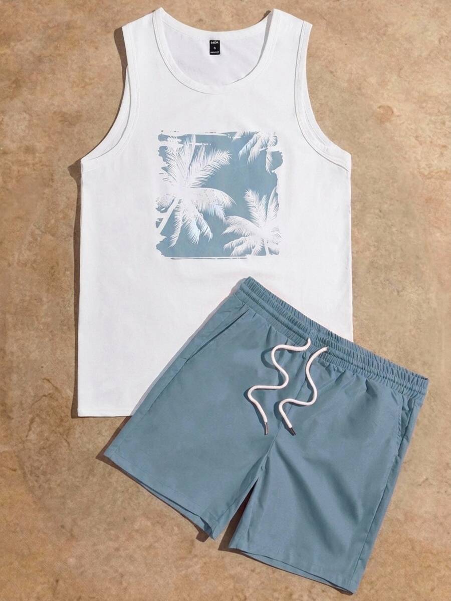 Ocevento Men Tropical Print Tank Top & Drawstring Waist Shorts, Cozy Outfits, Couple Things, Vacation, Father's Day Gifts, Football - Dusty Blue - View 1