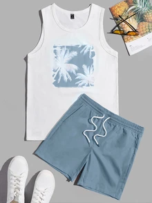 Ocevento Men Tropical Print Tank Top & Drawstring Waist Shorts, Cozy Outfits, Couple Things, Vacation, Father's Day Gifts, Football - Dusty Blue - View 6