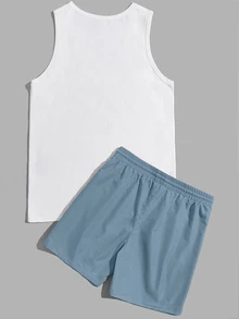 Ocevento Men Tropical Print Tank Top & Drawstring Waist Shorts, Cozy Outfits, Couple Things, Vacation, Father's Day Gifts, Football - Dusty Blue - View 2