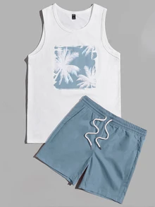 Ocevento Men Tropical Print Tank Top & Drawstring Waist Shorts, Cozy Outfits, Couple Things, Vacation, Father's Day Gifts, Football - Dusty Blue - View 3