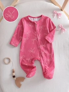 SHEIN 1件新生女嬰連身衣套裝，白色/深紫色/粉色/杏色，柔軟舒適薄款布料，精緻可愛蝴蝶結滿版印花，休閒極簡拉鍊長袖連腳連身衣，居家穿著 - 紅木色 - 查看 3