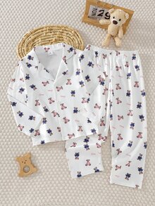 Boys' Fashion Minimalist Comfortable Soft Skin-Friendly White Base Multi-Color Bear English Cartoon Pattern Knit Turn-Down Collar Long Sleeve Pants 2-Piece Set Home Wear Boys' Casual Pajama Set - Multicolor - View 9