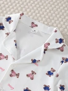 Boys' Fashion Minimalist Comfortable Soft Skin-Friendly White Base Multi-Color Bear English Cartoon Pattern Knit Turn-Down Collar Long Sleeve Pants 2-Piece Set Home Wear Boys' Casual Pajama Set - Multicolor - View 10