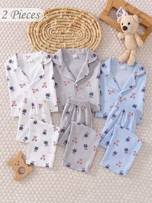 Boys' Fashion Minimalist Comfortable Soft Skin-Friendly White Base Multi-Color Bear English Cartoon Pattern Knit Turn-Down Collar Long Sleeve Pants 2-Piece Set Home Wear Boys' Casual Pajama Set - Multicolor - View 3