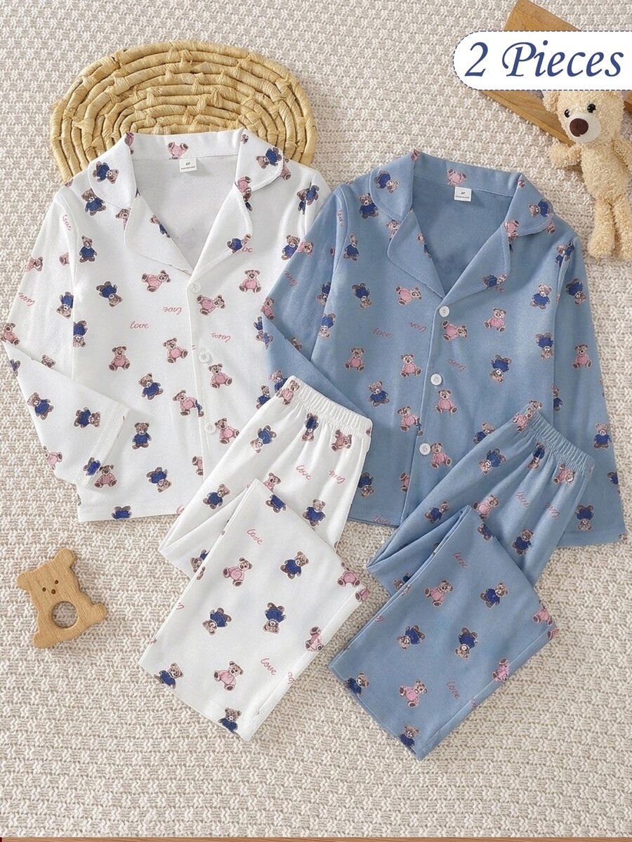 Boys' Fashion Minimalist Comfortable Soft Skin-Friendly White Base Multi-Color Bear English Cartoon Pattern Knit Turn-Down Collar Long Sleeve Pants 2-Piece Set Home Wear Boys' Casual Pajama Set - Multicolor - View 1