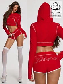 Opulessa Fall/Winter Casual Sexy Cotton Women's Letter Rhinestone Zipper Placket Cropped Hoodie Shorts Casual 2 Pieces Set Lounge Night Out White Red - Red - View 1