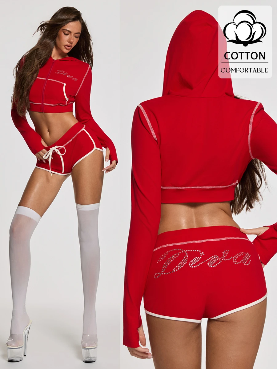 Opulessa Fall/Winter Casual Sexy Cotton Women's Letter Rhinestone Zipper Placket Cropped Hoodie Shorts Casual 2 Pieces Set Lounge Night Out White Red - Red - View 1