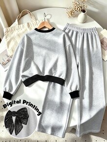 青少年女孩蝴蝶結圖案圓領運動衫套裝，適合秋冬穿著，舒適簡約休閒日常風格 - 彩色 - 查看 2