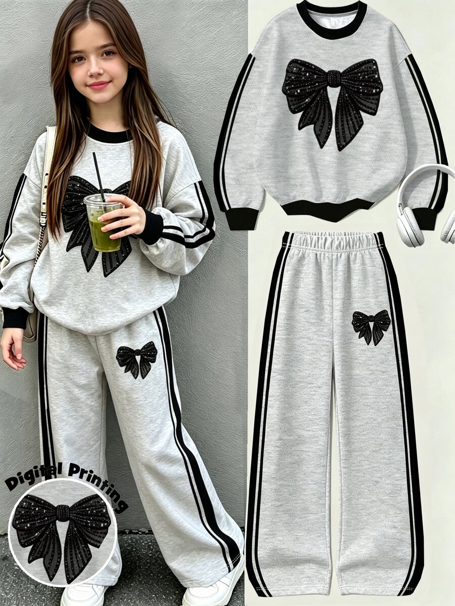 青少年女孩蝴蝶結圖案圓領運動衫套裝,適合秋冬穿著,舒適簡約休閒日常風格 - 彩色 - 查看 1