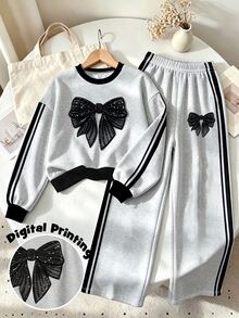 青少年女孩蝴蝶結圖案圓領運動衫套裝，適合秋冬穿著，舒適簡約休閒日常風格 - 彩色 - 查看 4