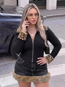SHEIN ICON Plus Leopard Pattern Borg Collar Fuzzy Trim Jacket Winter - Black - View 1