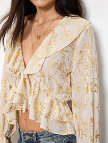 Maija 女款米白色箔印花彼得潘領前綁帶浪漫優雅襯衫，適合外出、早午餐、度假穿搭，上班穿著，秋季服飾 - 杏色 - 查看 4