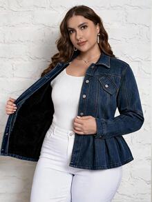 Flexra Winter Casual Fitted Button Pocket Collared Thick Denim Dark Blue Daily Wear Commute Warm Plus Size Denim Jacket For Women - Blue - View 9