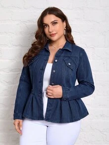 Flexra Winter Casual Fitted Button Pocket Collared Thick Denim Dark Blue Daily Wear Commute Warm Plus Size Denim Jacket For Women - Blue - View 4