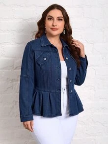 Flexra Winter Casual Fitted Button Pocket Collared Thick Denim Dark Blue Daily Wear Commute Warm Plus Size Denim Jacket For Women - Blue - View 6