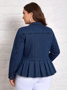 Flexra Winter Casual Fitted Button Pocket Collared Thick Denim Dark Blue Daily Wear Commute Warm Plus Size Denim Jacket For Women - Blue - View 2