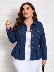 Flexra Winter Casual Fitted Button Pocket Collared Thick Denim Dark Blue Daily Wear Commute Warm Plus Size Denim Jacket For Women - Blue - View 7