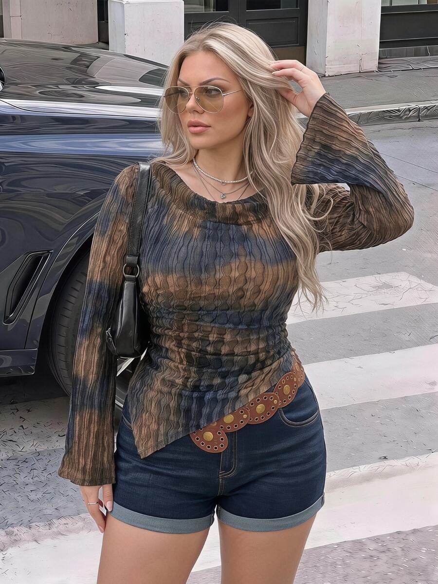 SHEIN ICON 秋季女式加大码西部波西米亚风复古哥特露肩外出扎染印花不对称下摆长袖喇叭袖时尚T恤 - 彩色 - 查看 1