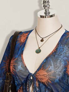 SHEIN ICON 大尺碼 Y2K 復古印花前綁帶針織上衣，太陽神佩斯利印花，波希米亞風，喇叭袖透視印花上衣，音樂節，夏季度假 - 藍色 - 查看 5