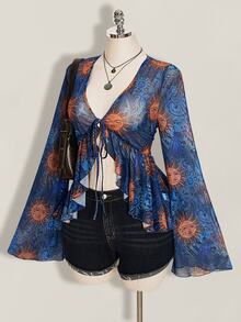 SHEIN ICON 大尺碼 Y2K 復古印花前綁帶針織上衣，太陽神佩斯利印花，波希米亞風，喇叭袖透視印花上衣，音樂節，夏季度假 - 藍色 - 查看 4