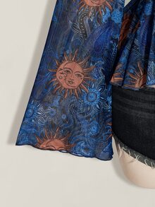 SHEIN ICON 大尺碼 Y2K 復古印花前綁帶針織上衣，太陽神佩斯利印花，波希米亞風，喇叭袖透視印花上衣，音樂節，夏季度假 - 藍色 - 查看 8