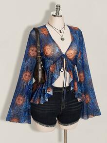 SHEIN ICON 大尺碼 Y2K 復古印花前綁帶針織上衣，太陽神佩斯利印花，波希米亞風，喇叭袖透視印花上衣，音樂節，夏季度假 - 藍色 - 查看 6