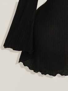 SHEIN ICON فستان نسائي ضيق بأكمام واسعة على شكل V ذو ملمس ناعم مرتبط بالجسم باللون الأسود، موسم الخريف/الشتاء - الأسود - مشاهدة 6