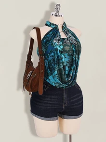SHEIN ICON Women's Plus Size Teal Summer Boho Graphic Vacation Halter Tank Top, Paisley Floral Print Pleated Western Y2k Cottagecore Beach Rave Party Top - Green - View 3