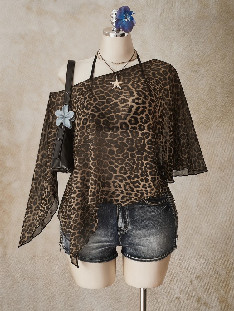 SHEIN ICON Leopard Print Plus Size Women's Asymmetric Neck Batwing Sleeve Loose Top - Multicolor - View 3