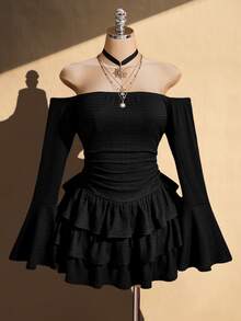 SHEIN ICON 女款大尺碼復古性感Y2K簡約通勤派對約會晚餐都市現代優雅露肩喇叭袖黑色針織洋裝秋季 - 黑色 - 查看 3