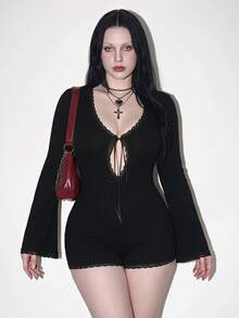 SHEIN ICON Women's Plus Size Autumn/Winter Black Goth Night Out Club Y2K Front Hollow-Out Lace Patchwork Flared Long Sleeve Knit Ribbed Slim Fit Jumpsuit Fall - Black - View 2